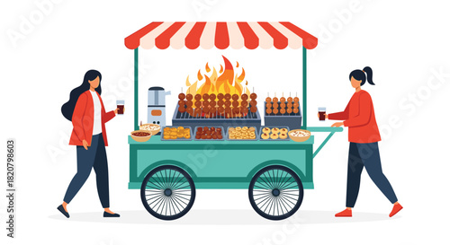 Two happy women walking alongside a bustling street food cart selling grilled skewers and various tempting snacks.