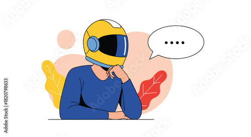 Person with a yellow motorcycle helmet covering their head resting chin on hand with a blank thought bubble.
