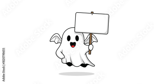 Adorable cartoon ghost character with cute little wings happily holding a blank white sign for custom message.