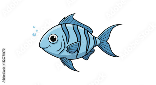 Cute blue fish with charming stripes and big happy eyes swimming playfully with bubbles in the water.