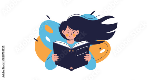 A cheerful young woman with long dark hair happily reading a captivating book surrounded by colorful abstract shapes.