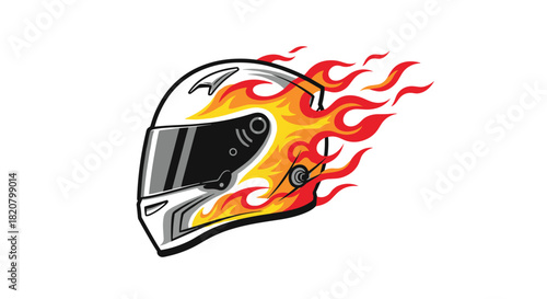 A dynamic racing helmet engulfed in vibrant flames symbolizing incredible speed and intense competition.