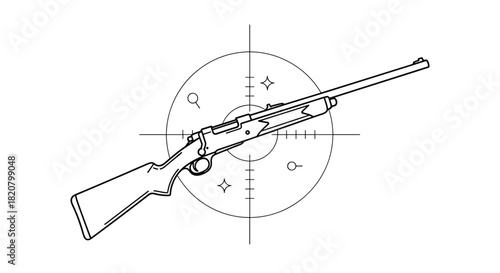 A detailed line art illustration of a hunting rifle centered within a precise target reticle scope.