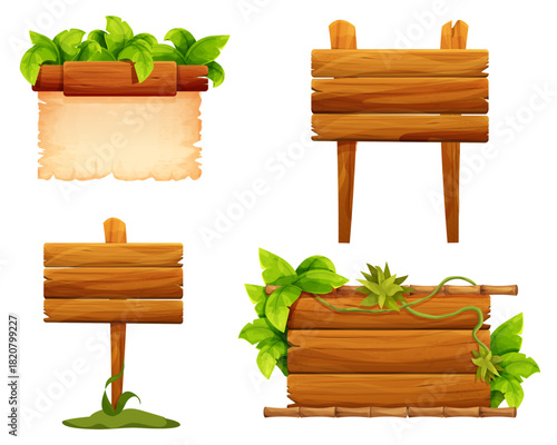 Wooden signpost set, empty board textured wood plank, parchment paper. Wood plank frames game signpost, farm garden or jungle pointing panel. Set menu ui design. Outdoor empty textured arrow