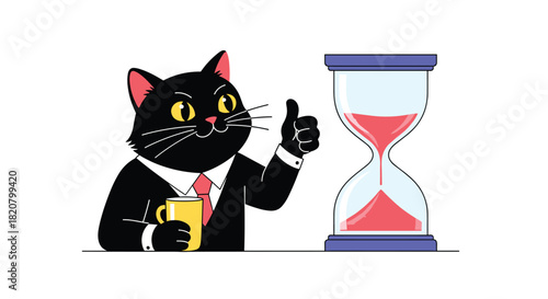 Professional black cat in a business suit giving a thumbs-up next to an hourglass symbolizing efficient time.