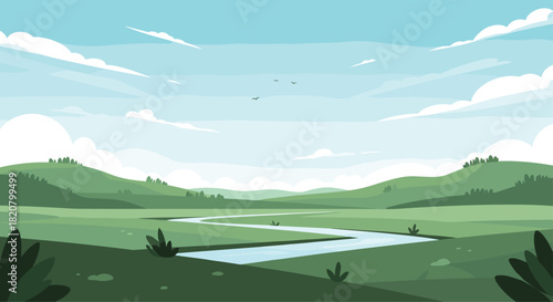 A serene landscape featuring rolling green hills a winding river under a vast blue sky with fluffy clouds.