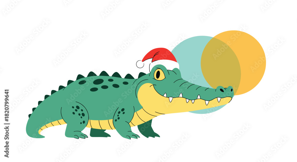 Obraz premium Cheerful cartoon crocodile wearing a festive Santa hat, embodying a whimsical and fun Christmas spirit against a vibrant background.