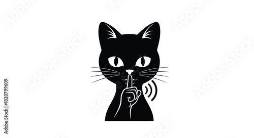 Adorable black cat making a shush gesture with its paw indicating silence and secrets, a cute and mysterious feline character.