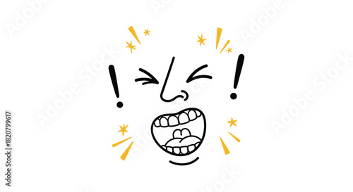 A cartoon face with eyes closed and mouth wide open in an exaggerated laugh or shout with exclamation marks.