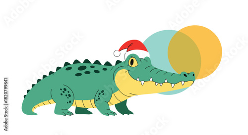 Cheerful cartoon crocodile wearing a festive Santa hat, embodying a whimsical and fun Christmas spirit against a vibrant background.