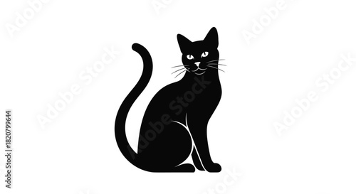 Graceful black cat sitting elegantly on a white background, showcasing its sleek fur and poised demeanor in a simple, iconic illustration.