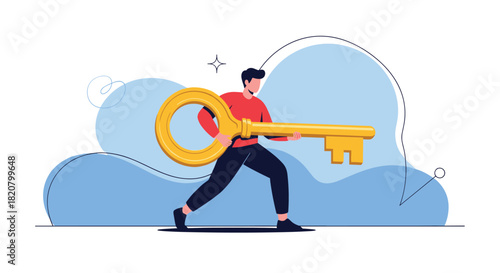 Determined man carrying a giant golden key, symbolizing access, solution, success, and opportunity in a vibrant, modern illustration.