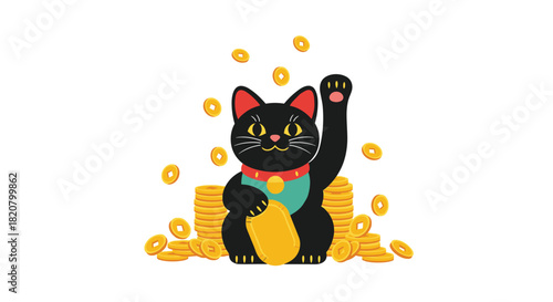 Charming Maneki-neko black cat surrounded by golden coins, symbolizing good fortune, wealth, and prosperity in a traditional Japanese style.