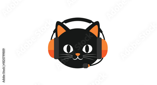 Cute black cat wearing a gaming headset with a microphone, representing online gaming, communication, and digital entertainment.