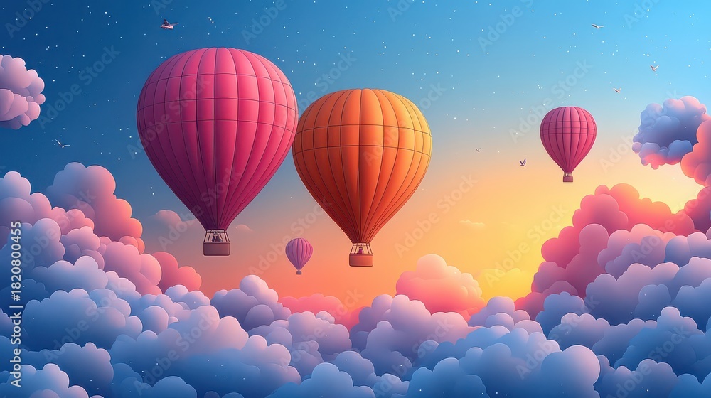 Fototapeta premium Colorful hot air balloons soar above fluffy clouds at sunset.