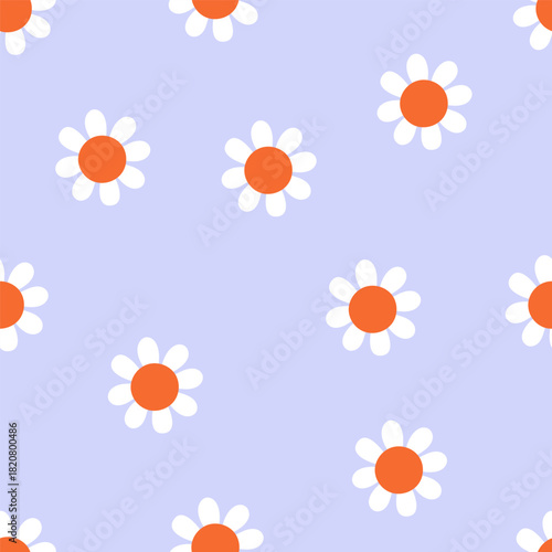 Daisy flowers, seamless pattern. Endless floral background, repeating print with camomile blooms, blossoms. Feminine spring and summer texture design for fabric, textile. Flat vector illustration