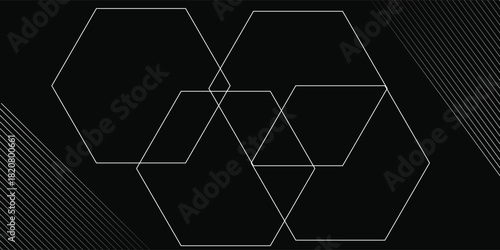 Black abstract background design hexagon. Premium stripe texture for banner business backdrop. Dark horizontal vector template