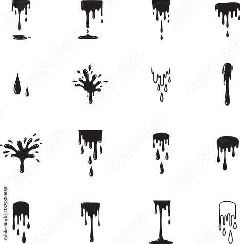 Dripping Liquid Silhouette doodles collection. Includes Silhouette symbols drop, splash, paint, leak, blob and more. Isolated doodles. Dripping doodles set. Minimalist doodles pack.