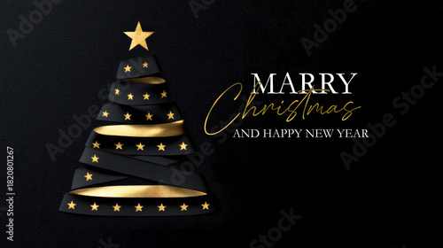 Elegant Black Christmas Tree With Gold Stars On Sparkly Dark Background Merry Christmas And Happy