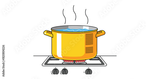 Yellow pot of boiling water steaming on a gas stove, representing cooking, food preparation, and kitchen activities.