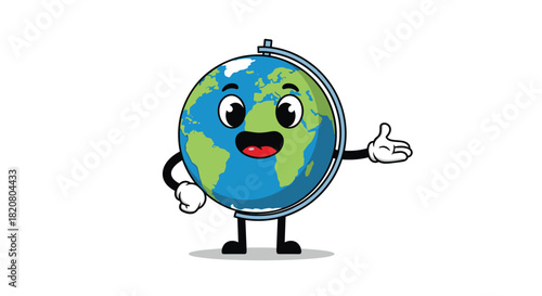Cheerful cartoon globe mascot with a friendly smile and welcoming gesture, symbolizing global connection, education, and travel.