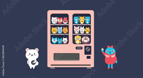 Adorable cartoon characters standing in front of a toy vending machine filled with plushies, conveying fun, play, and childhood joy.