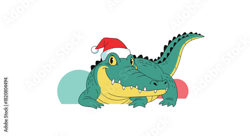 Happy cartoon crocodile wearing a festive Santa hat and smiling, embodying a cheerful and fun Christmas spirit.