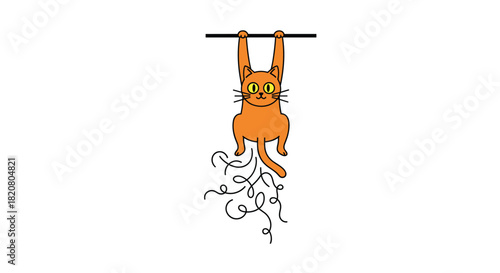 Humorous orange cat hanging from a bar and shedding lots of fur, comically depicting pet care and shedding season.