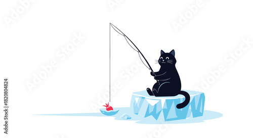 Playful black cat ice fishing on a block of ice, patiently waiting for a catch, symbolizing a unique winter hobby.