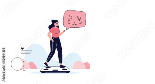 Woman standing on a weight scale and thinking about wearing shorts, symbolizing weight loss goals, fitness, and body image.