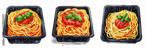 Three black containers filled with spaghetti tomato sauce and basil leaves watercolor illustration pasta isolated on white background