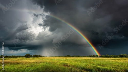 A vivid rainbow arches across a dramatic dark stormy sky above a vast grassy meadow intense weather phenomena
