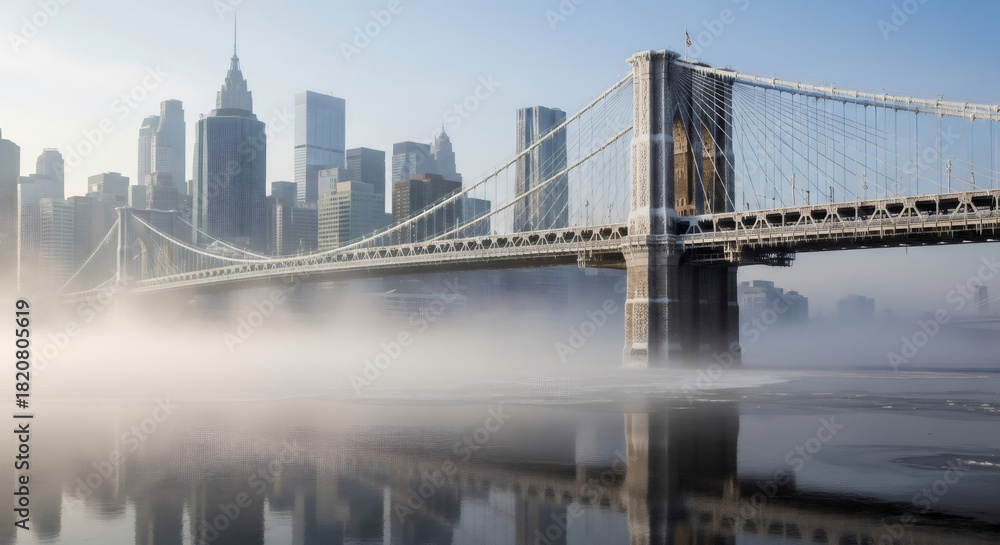 Naklejka premium Foggy city bridge over icy river with urban skyline in background. Frozen winter transport infrastructure and modern architecture in cold weather.