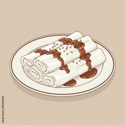 Cheung Fun Rice Noodle Rolls (腸粉)
A flat vector rendering of freshly steamed cheung fun rolled on a plate with soy sauce and sesame seeds. Soft curves, gentle shadows, white and brown palette