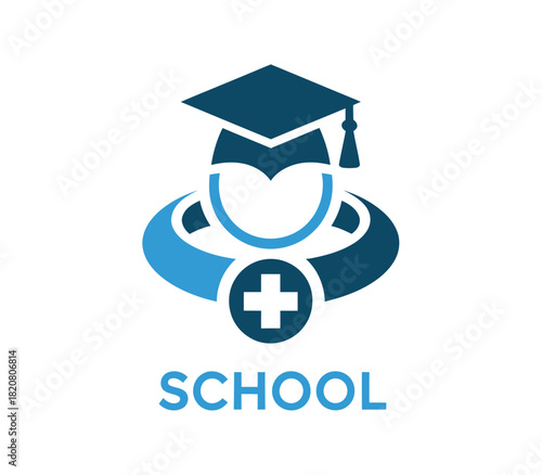 A graduation cap sits atop a stylized human figure with a medical cross emblem, symbolizing medical education and learning.