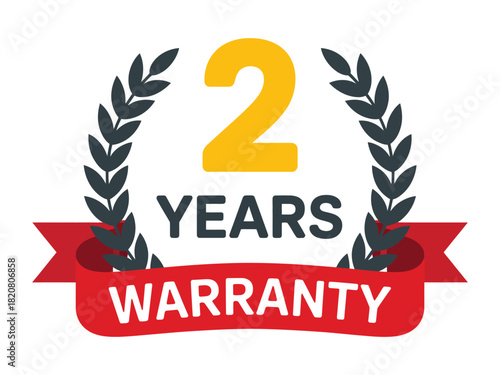A stylized graphic displays "2 YEARS WARRANTY" with a laurel wreath and a red ribbon, symbolizing a guarantee of service or product coverage for a specified duration.