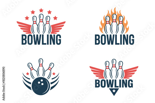 A collection of bowling-themed logos featuring pins, balls, wings, stars, and flames, representing the sport and its competitive spirit.