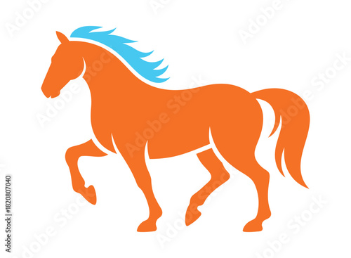 An orange horse with a blue mane stands proudly against a white background, representing strength and freedom.