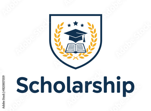 The word scholarship is displayed below a shield emblem featuring a graduation cap, an open book, and laurel leaves, symbolizing educational achievement and academic opportunity.