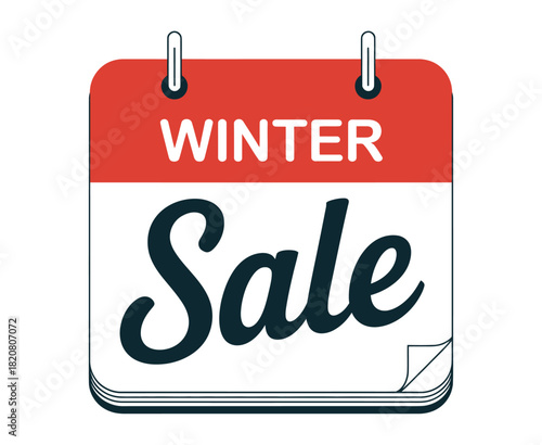 A stylized calendar page announcing the 'Winter Sale' with bold lettering and a red header, symbolizing seasonal discounts and shopping opportunities.