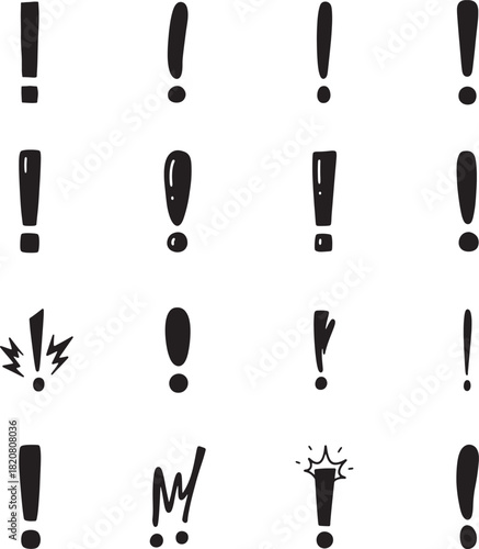 Exclamation Mark Silhouette doodles collection. Includes Silhouette symbols alert, warning, attention, punctuation and more. Isolated doodles. Exclamation doodles set. Minimalist doodles pack.
