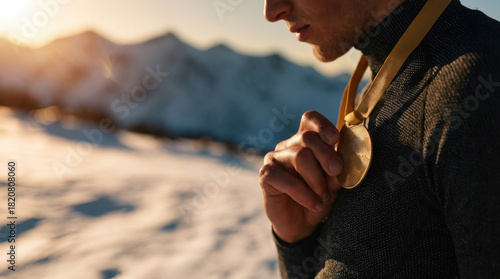 Man holding golden medal after winning competition in mountains