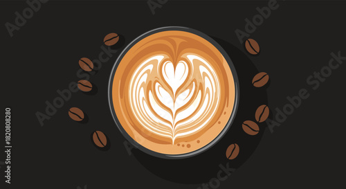 Overhead view of a cup of coffee with intricate latte art featuring a heart and leaf pattern, accompanied by scattered roasted coffee beans on a minimalist dark background.