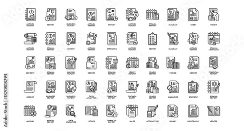 Anuual Report icon set collection. Containing economics, notes, sales, statistics, value, arrows, profit .Line vector icons collection