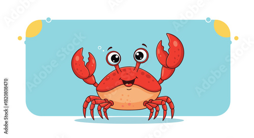 A delightful cartoon red crab with big friendly eyes and raised claws smiles cheerfully on a light blue background with abstract shapes.