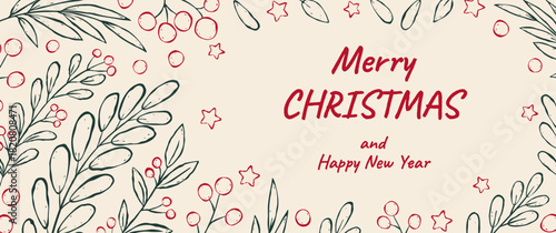 Festive Christmas banner with winter plants, berries and stars in retro sketch ink style. Flat vector illustration with typography. Perfect for background, label, cover, invitation