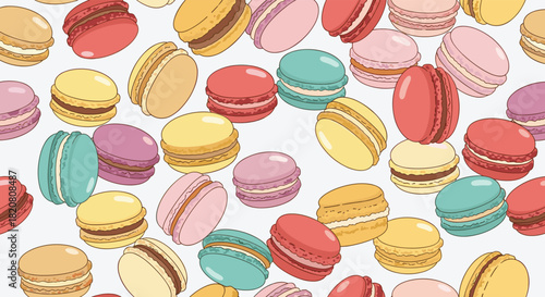 A delightful, vibrant, and sweet seamless pattern of colorful French macarons, ideal for backgrounds, textiles, and various design projects.