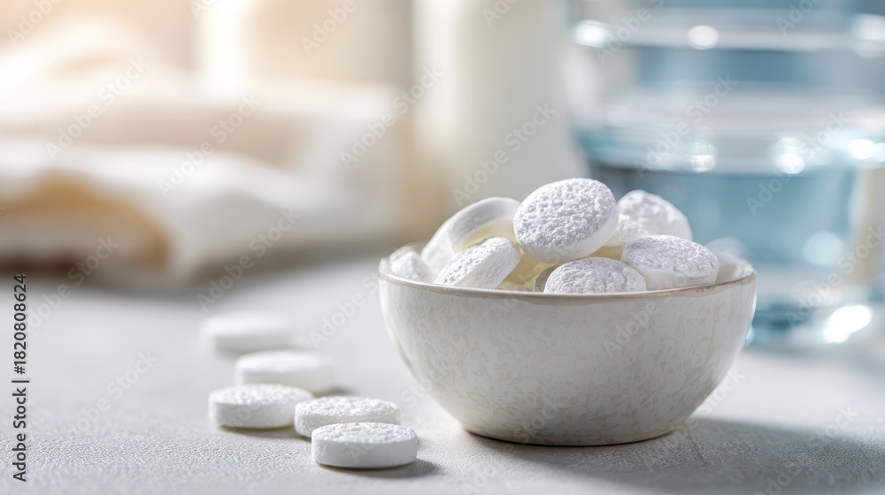Fototapeta premium Photograph of round white antacid tablets with mint flavor scattered beside a water glass