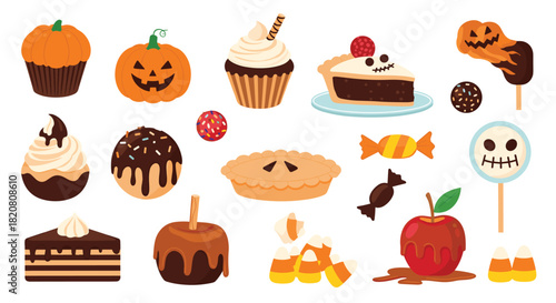 A delightful assortment of sweet Halloween treats and desserts, perfect for trick-or-treating or a festive party.