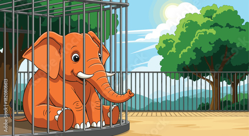 A cute cartoon baby elephant with orange skin and white tusks sits smiling inside a metal cage at a zoo on a sunny day.